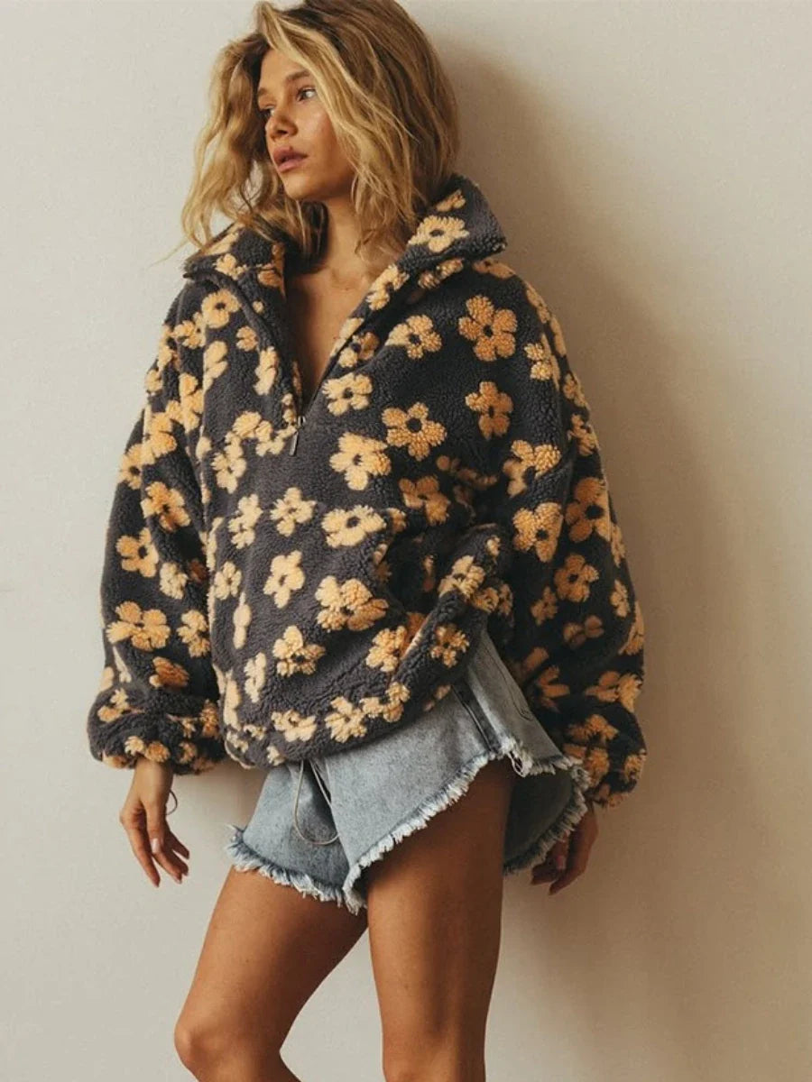 Bornladies Women's Sherpa Floral Pullover Hoodie