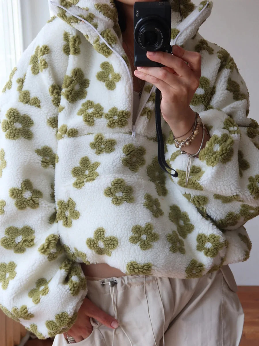 Bornladies Women's Sherpa Floral Pullover Hoodie