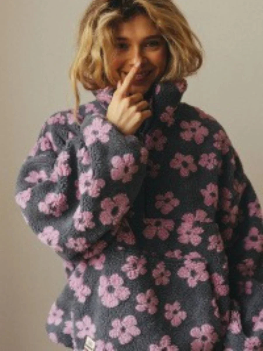 Bornladies Women's Sherpa Floral Pullover Hoodie