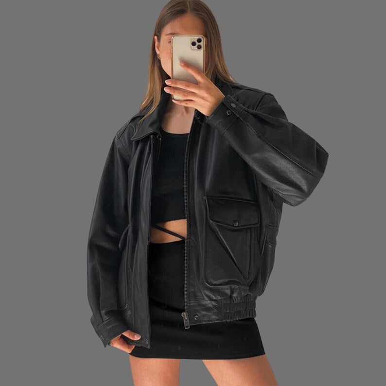 1980s Women's Handmade Oversized Vintage Black Genuine Leather Bomber Jacket