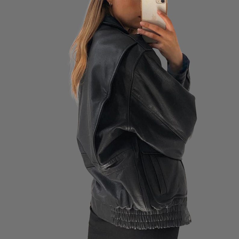 1980s Women's Handmade Oversized Vintage Black Genuine Leather Bomber Jacket