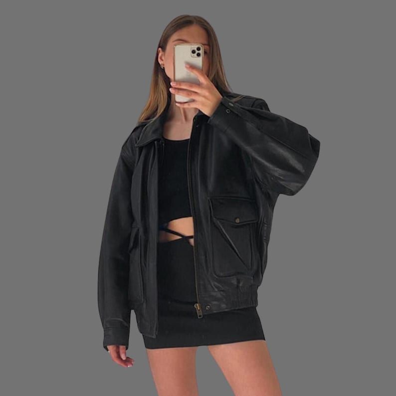 1980s Women's Handmade Oversized Vintage Black Genuine Leather Bomber Jacket