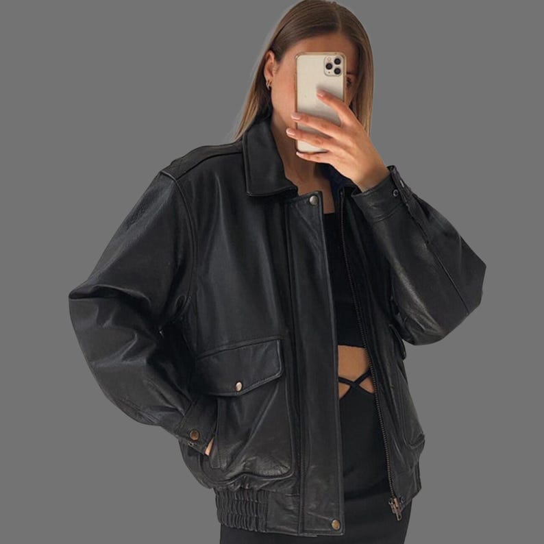 1980s Women's Handmade Oversized Vintage Black Genuine Leather Bomber Jacket